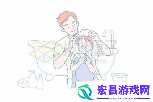 宝宝扶着水池乖乖让爸爸洗头