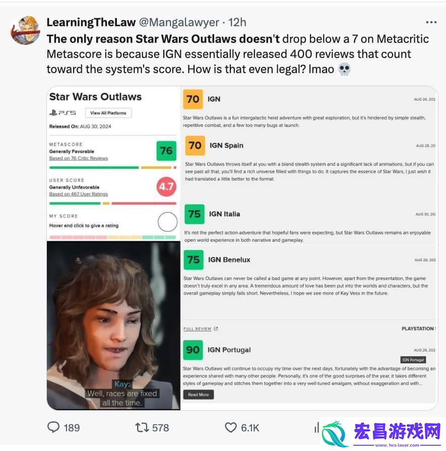 育碧星球大战IGN评分引争议M站评分现两极化